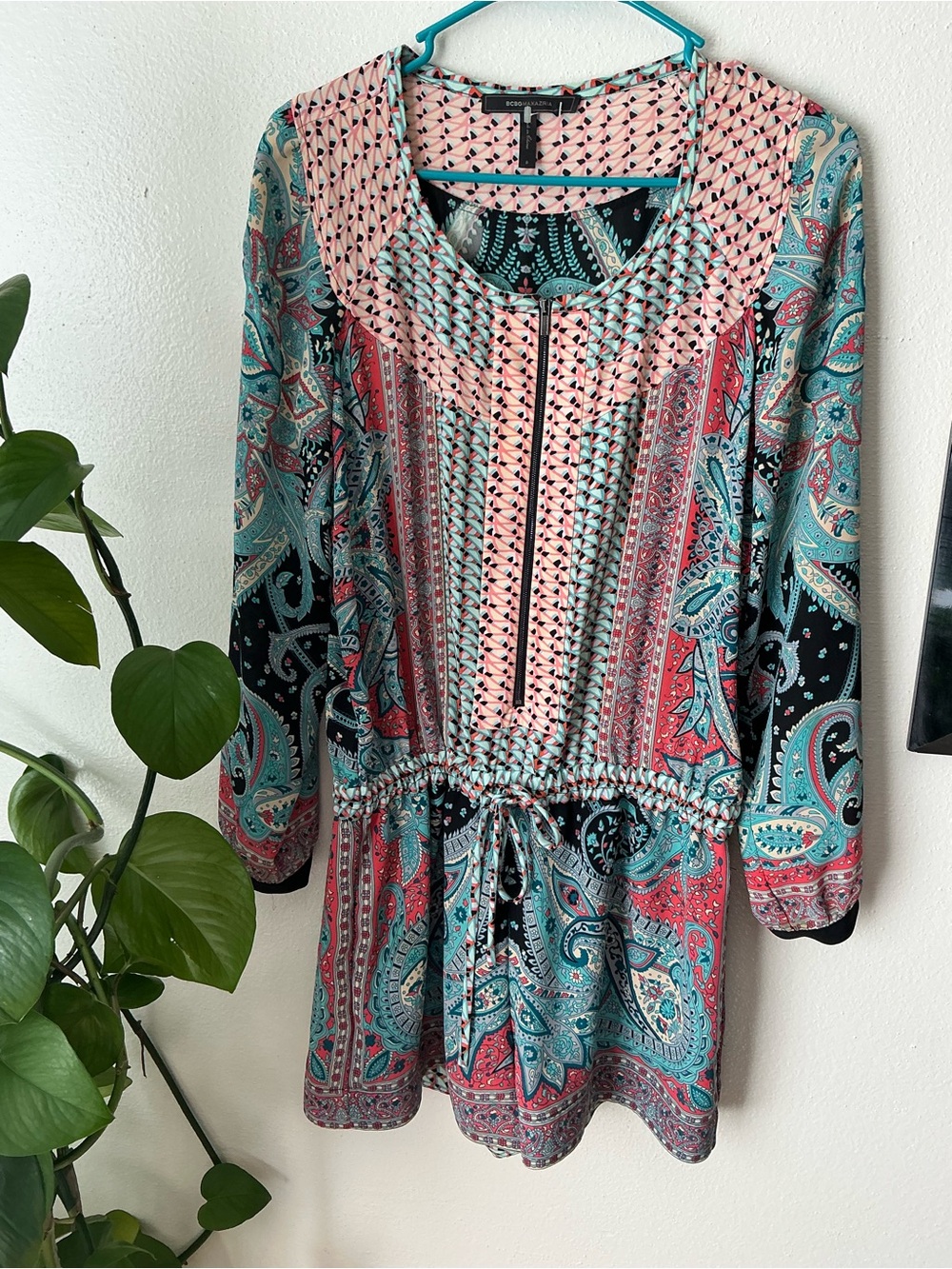 BCBGMaxAzria Pink and Teal Paisley Long Sleeve romper